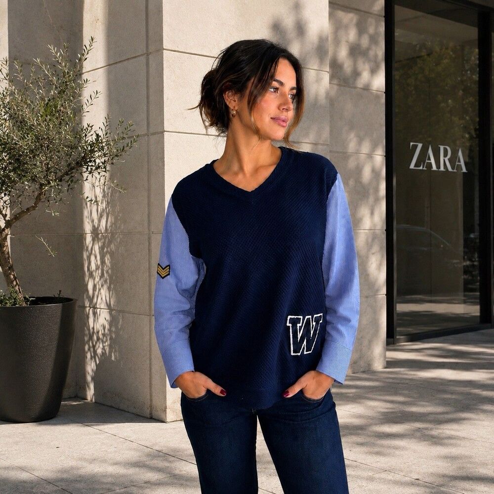ZARA BLUE VARSITY LETTERMAN PATCH STRIPED TOP SWEATER Hi Low BLOUSE  S